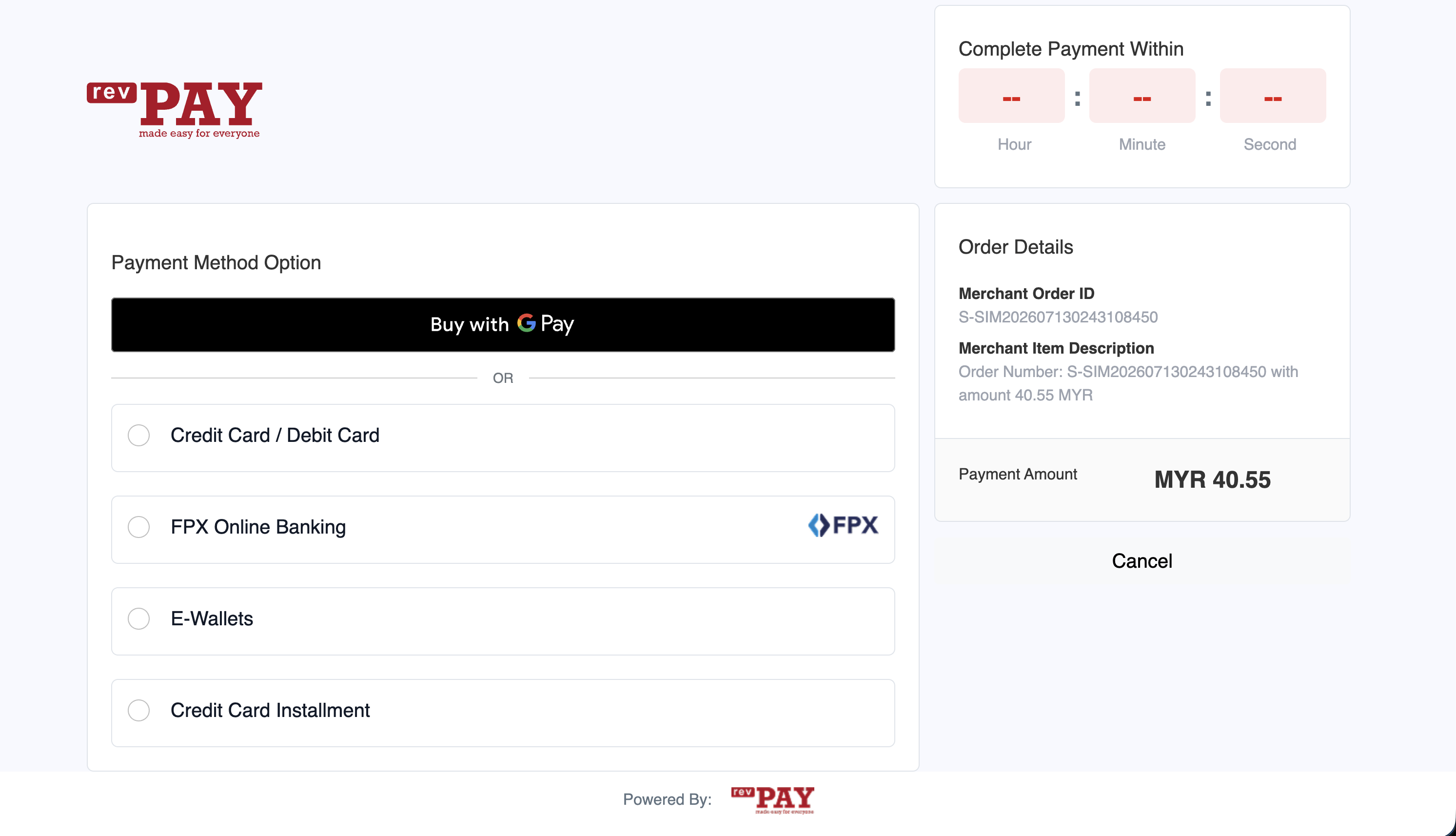revPAY checkout showing the Buy with Google Pay button above other payment options